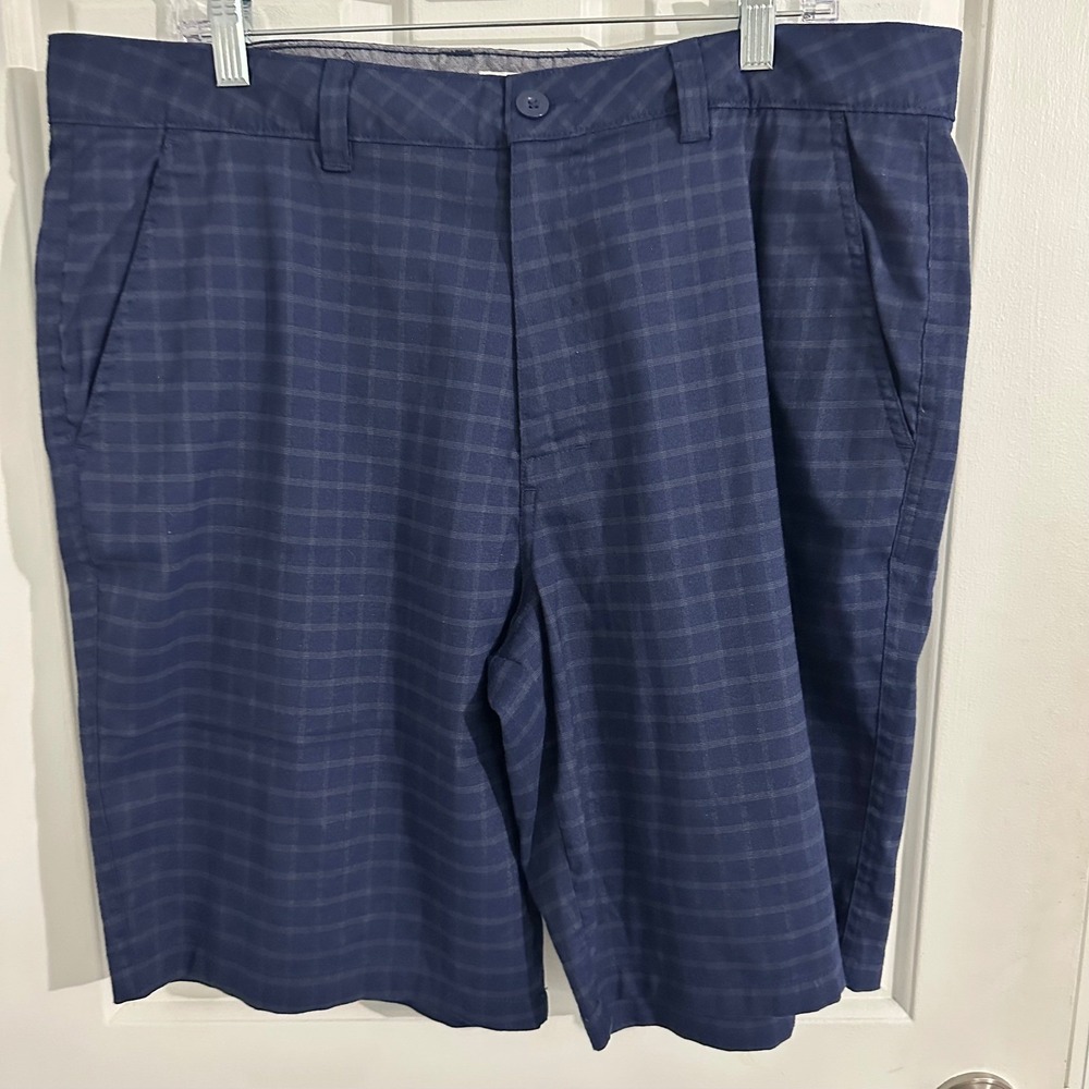 Hang Ten Mens Flat Front Golf‎ Shorts Performance Blue Checkered Casual Size 38
